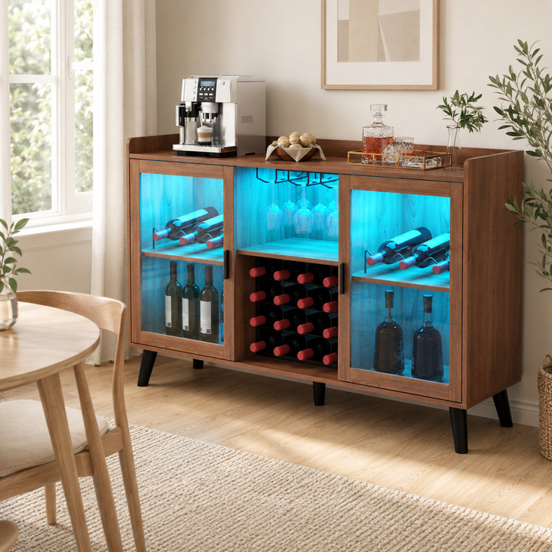 47'' W Walnut Sideboard Buffet Cabinet with LED Wine Rack, Open Storage Shelves and Metal Frame, Walnut
