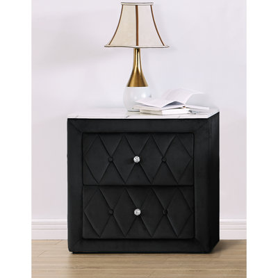 Table de chevet noire 1pc au design moderne avec surface en faux marbre, tissu et deux tiroirs de rangement pour le dessus rectangulaire attrayant de la chambre à coucher, revêtement attrayant