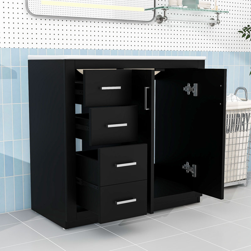Meuble-lavabo de salle de bain avec cadre en bois et lavabo, beaucoup de rangement, Noir