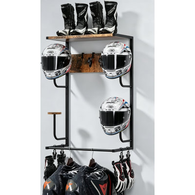 Support pour casque de moto, support de casque mural avec tablette en bois et crochets pour casques et vêtements multiples