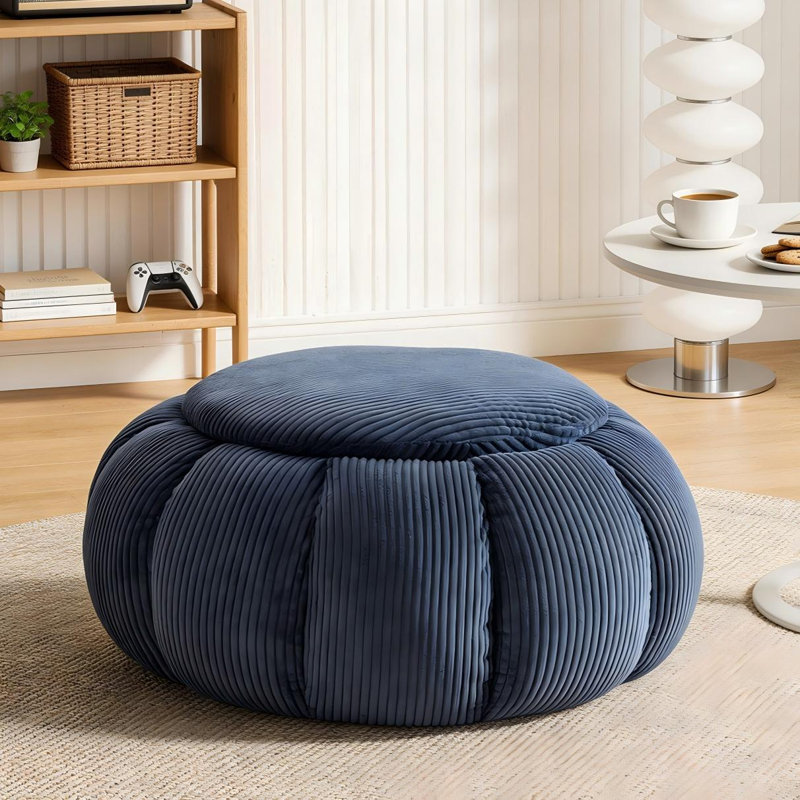 Hobooment 34‘’W Oversized Upholstered Compression  Round Ottoman & Coffee table for livingroom , Corduroy Blue