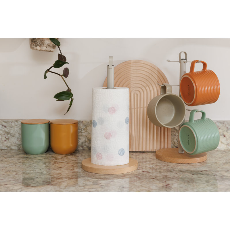 KitchenCraft Idilica Stainless Steel Kitchen Roll Holder with Beechwood Base