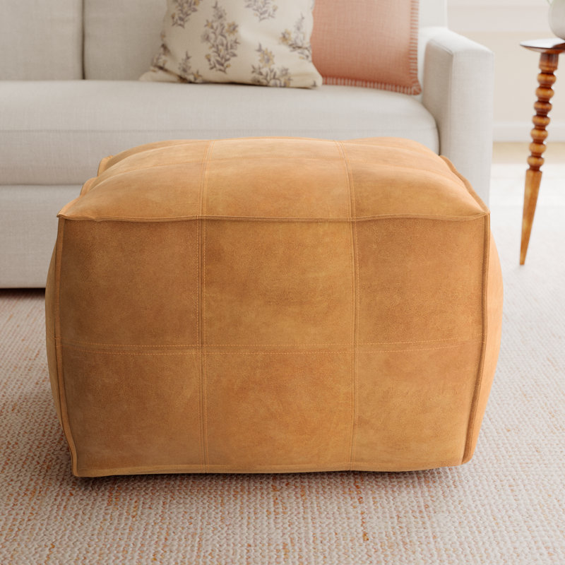 Brown Leather Low Profile Square Stuffed Pouf with Patchwork Design, 28" x 28" x 19", Brown Genuine Leather