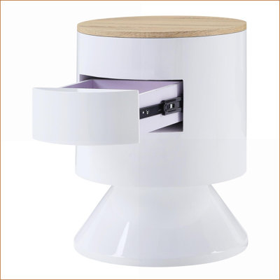 White High Gloss &amp; Natural 1-Drawer Drum Modern Nightstand