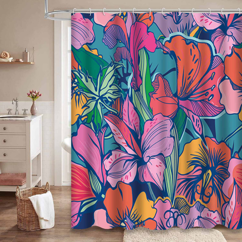 Rideau de douche imperméable à motif floral rétro avec 12 crochets, L 72 po x l 84 po