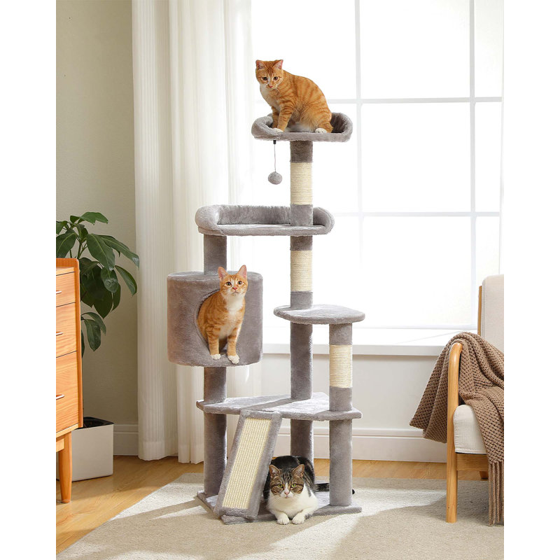 Tour d'escalade à plusieurs niveaux avec condo pour chat, arbre à chat avec planche à gratter, Gris