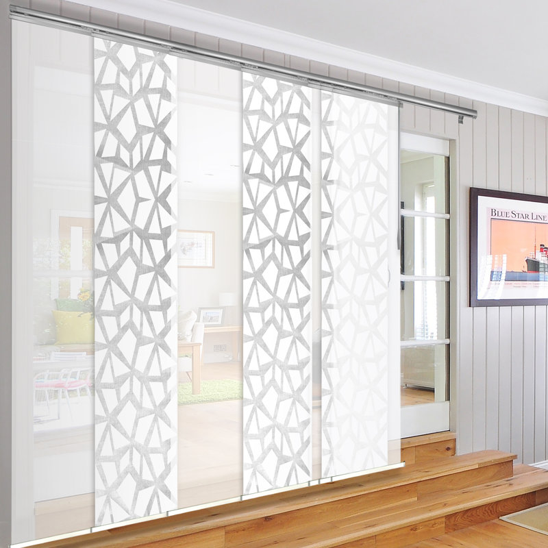 7-Panel Single Rail Panel Track Extendable 110"-153" W x 94"H, Panel width 23.5", Shattered, Winter, Satin Nickel