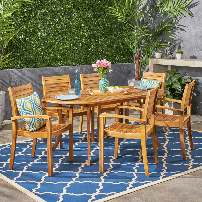 Eligha 6 - Person Acacia Wood Patio Dining Set with Oval Table, Teak