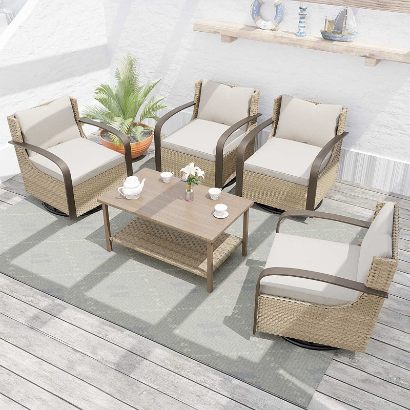 5 Piece Metal Outdoor Multiple Chairs Seating Group with A Coffee Table, Patio Conversation Sets 4 High Back Outside Wicker Rattan Swivel Chairs with Thick Cushion 