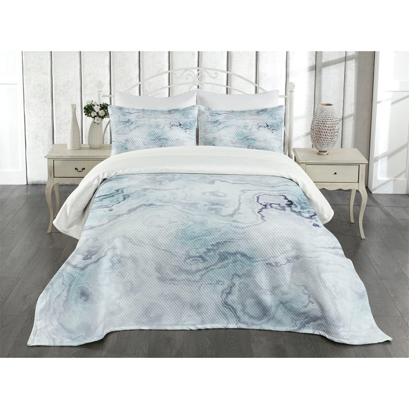 Ambesonne Marble Print Bedspread Set Soft Ottoman Pale Blue Grey Mint, King Bedspread + 2 Standard Shams