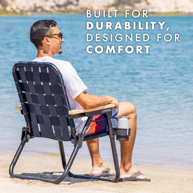 Navy Woven Aluminum Beach and Camping Chair with Hardwood Arms