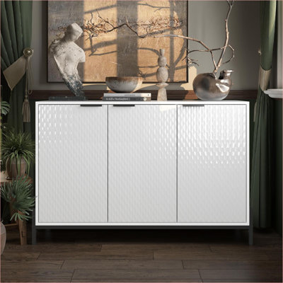 Cabinets | Modern Snow White High Gloss 3-Door Buffet Sideboard, Storage Cabinet with Powder Coated Metal Feet | MDF | Bedroom