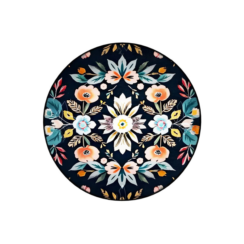 Multicolored Flower And Leaf Pattern Woven Base Modern Decorative Carpet, Round 3'4"