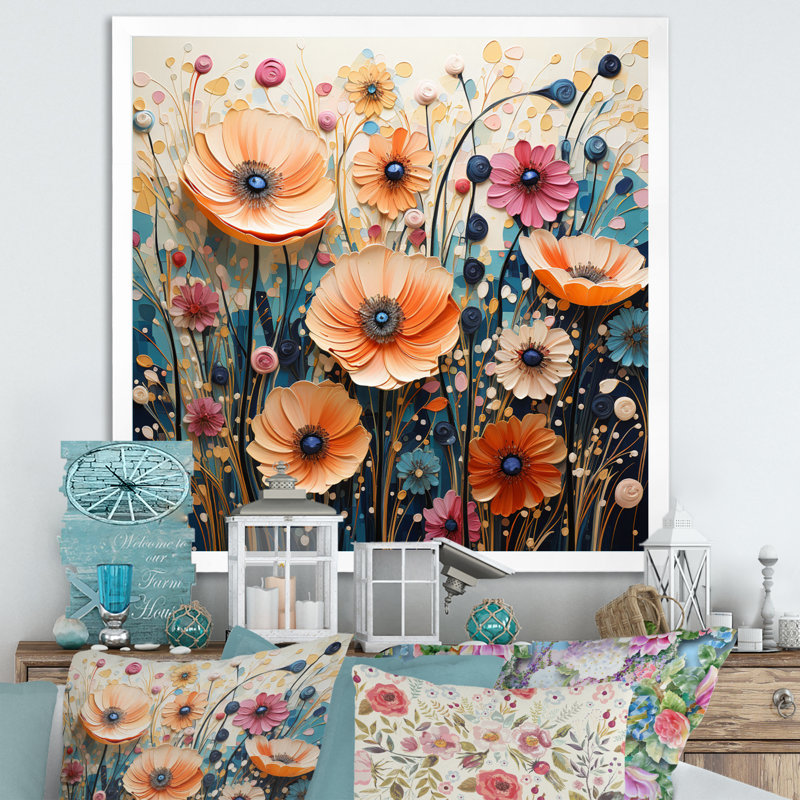 Motif abstrait pointillisme de fleurs sauvages sur toile, Cadre simple blanc, H 16 po x l 16 po x P 1 po