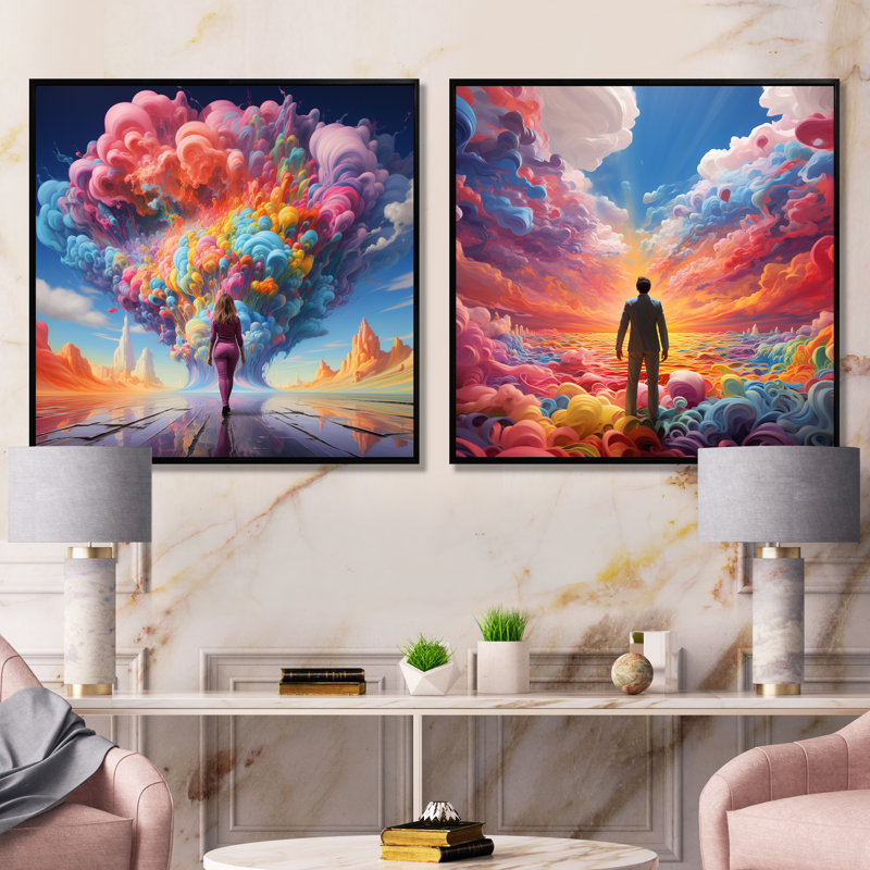 «Man Into The Rainbow», ensemble de 2 impressions sur toile surréalisme, Cadre noir, H 16 po x l 33 po x P 1 po