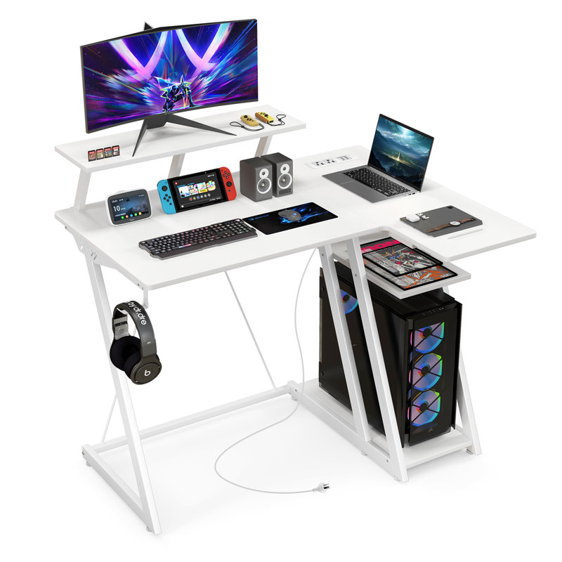 Computer Desk w/ Built-in Charge Station Metal Frame Gaming Desk w/ Monitor Shelf Writing Desk, White