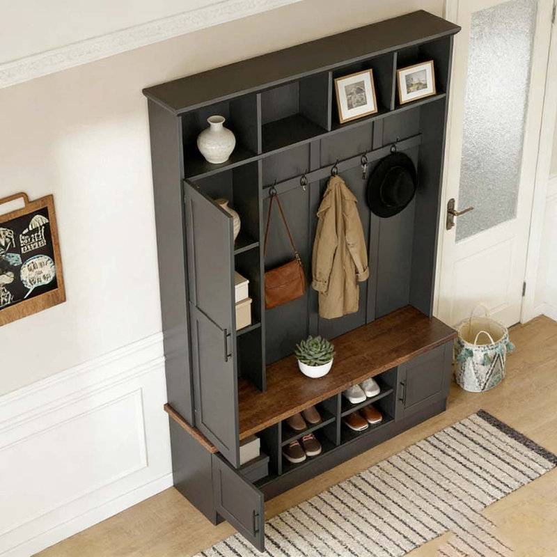 3-in-1 Hall Tree with 6 Hooks, Farmhouse Walnut Storage Bench with Adjustable Shelves, Black