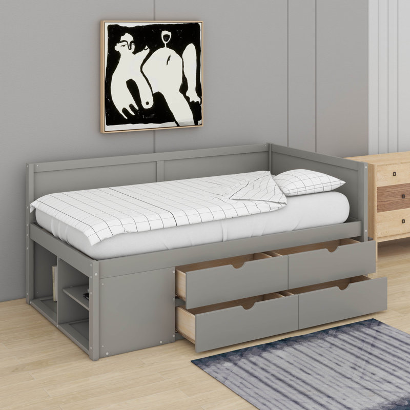 Twin Size Daybed With Drawers And Shelves, Gray, Twin