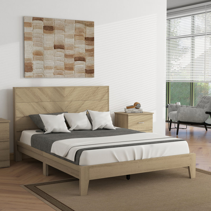  Lit double de style moderne Mid-Century l 58,7 po Aleshire avec tête de lit à chevrons, Chêne d'Oslo