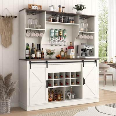 Bar Cabinet With Liquor Dispenser, Charging Station, Sliding Barn Doors, 12 Wine Racks, 4 Glass Holders, 16 Hooks For Kitchen, Dining Room, Living Roo by Gracie Oaks