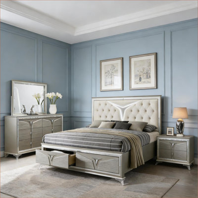 Ensemble de chambre à coucher | Moderne 5PC, solide et amp; Bois manufacturé, tête de lit à DEL, rangement pour chambres à coucher | Argent | Bois