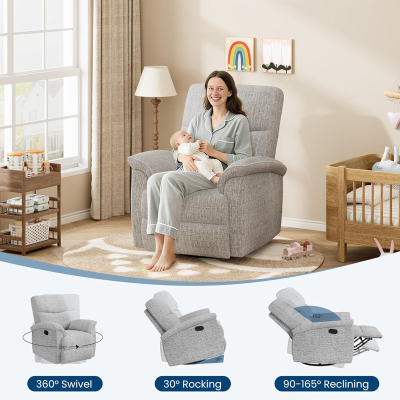 Fauteuil inclinable et oscillant pivotant à 360 °, fauteuil rembourré en chenille avec accoudoirs rembourrés et siège profond, canapé inclinable manuel pour le salon, la chambre à coucher et la chambre de bébé (gris clair)