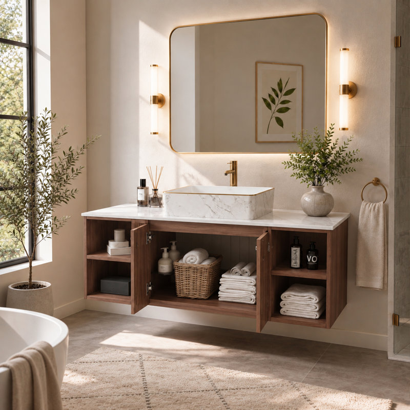 47.6" Cinnamon Walnut Wall Mounted Bathroom Vanity, Fluted Floating Vanity with Glossy Snow Mountain Stone Countertop & Gold Rim Marble Vessel Sink with Storage Shelves