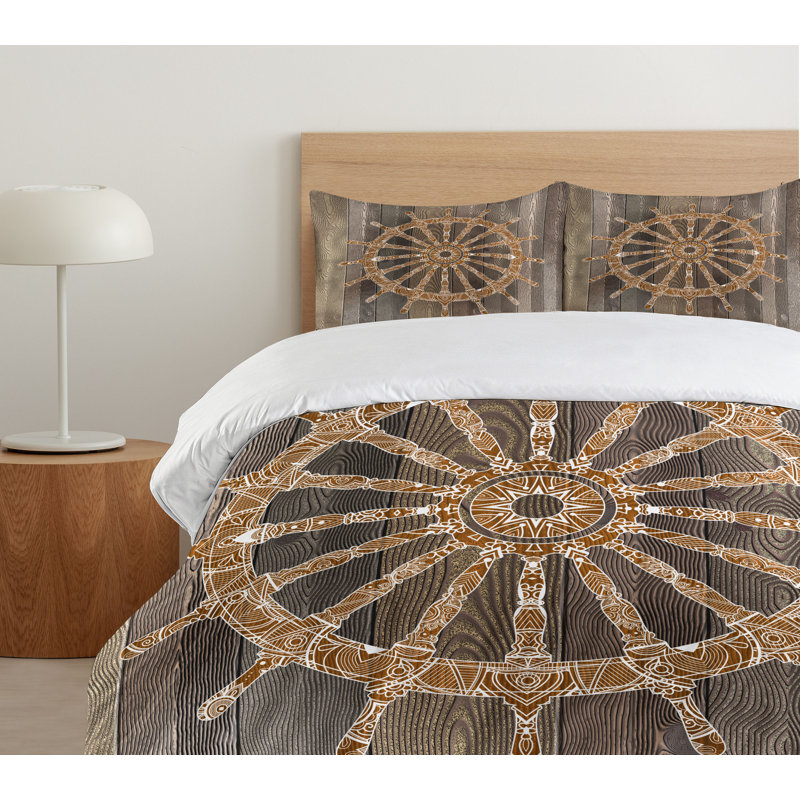 Queen Umber Brown Nautical Ship Wheel Duvet Cover Set