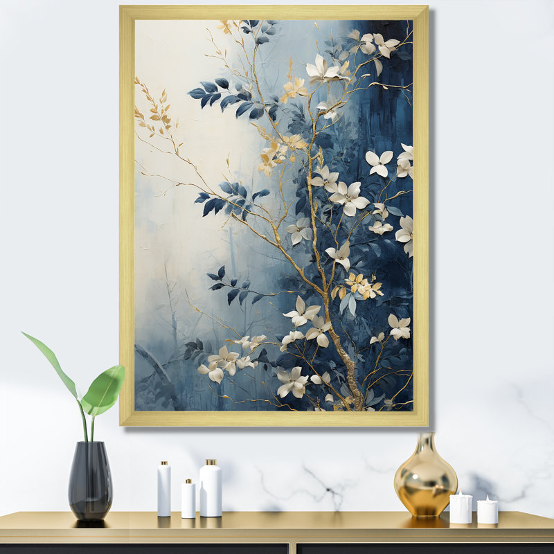 «Abstract Gold and Blue Botanical», reproduction sur toile, Cadre doré simple, H 20 po x l 12 po x P 1 po