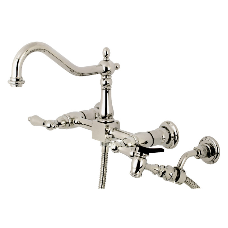 Kingston Brass Heritage Double-Handle Wall-Mount Bridge Kitchen Faucet, Polished Nickel, With Side Spray