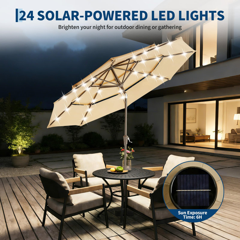 9FT 3-Tier Patio Umbrella with Solar LED Lights, Outdoor Table Umbrella with Tilt & Crank, Ventilated Large Market Umbrella with 8 Ribs, UV Protection for Deck, Pool, Garden