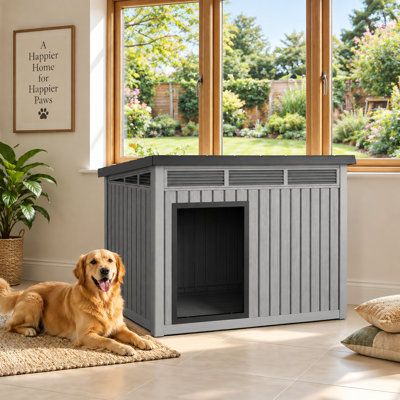 Waterproof Large Dog House for Indoor and Outdoor,  Weather-Resistant Resin Dog House With Air Vents and Removable Roof(Gray)