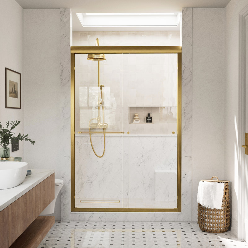 Semi-Frameless Double Sliding Shower Door, 1/4" SGCC Tempered Glass with Quiet Dual Rollers, 48" W x 72" H, Brushed Gold