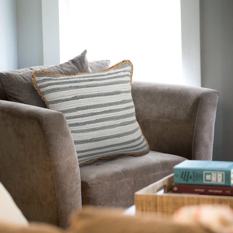 Gray and White Striped Cotton Jute Square Throw Pillow