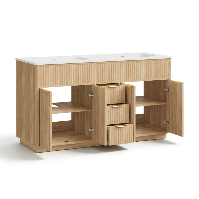 Meuble-lavabo double sur pied de 152 cm (60 po) avec portes et tiroirs cannelés, naturel, Chêne naturel