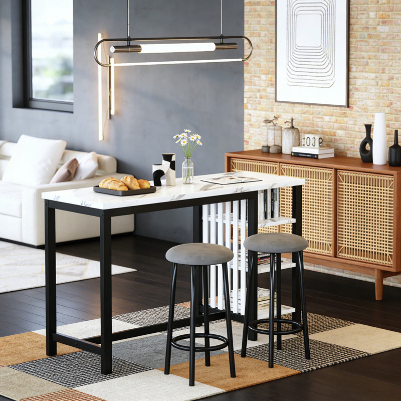 3 - Piece Counter Height Bar Table Set With 2 Upholstered Stools, White/Black, White Marble/Black