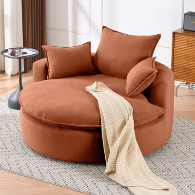 58" Orange Swivel Barrel Accent Chair, 360° Rotation, Dual Cushion & 3 Pillows