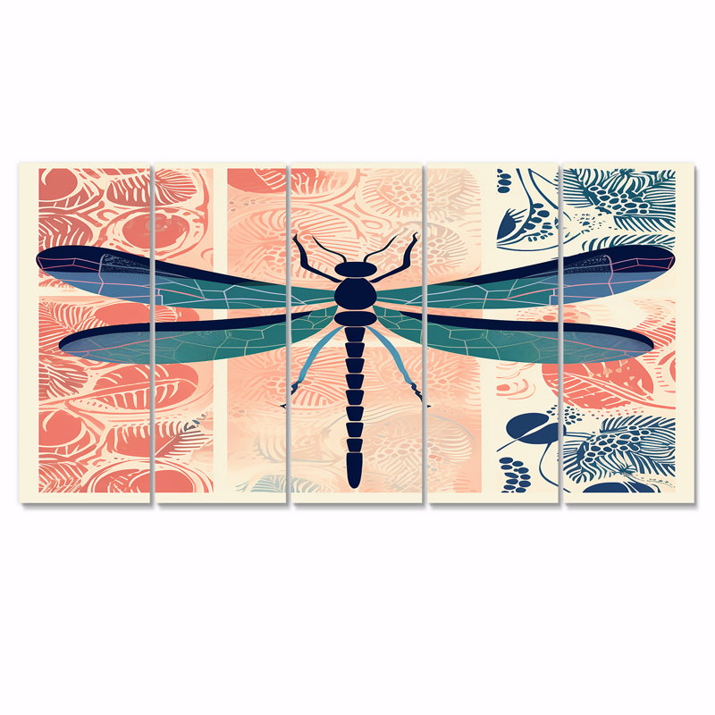 Illustration rétro d'une libellule rouge et bleue II - Animal mural libellule 5 pièces, H 32 po x l 80 po