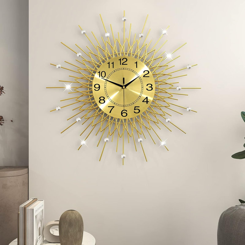 Horloge murale moderne 24 pouces en métal avec cristaux pour le salon, la chambre à coucher, la cuisine, le bureau