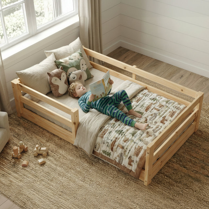 Montessori Toddler Floor Bed - Solid Wood House Frame, No Box Spring Needed, Natural