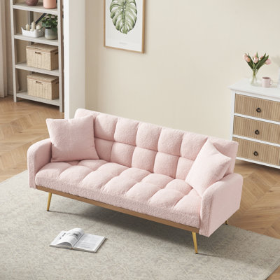 Lit réglable rose de 69 pouces idéal pour les petits espaces de vie, transformation à trois vitesses, structure de planche artificielle en bois massif amovible et large et confortable, 2 sièges, style moderne dans les zones en tissu,