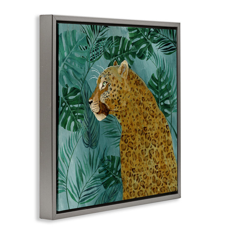 «Monstera & Palms Cheetah Floater», art mural sur toile par Janet Tava, H 25 po x l 25 po, Cadre flottant gris lustré