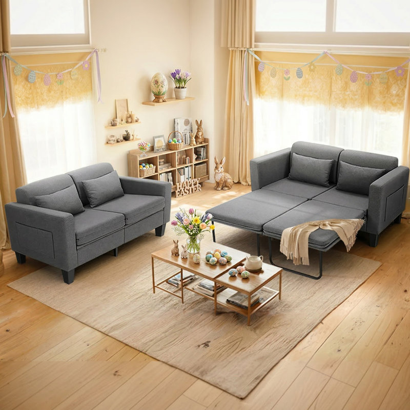 Zhania 58.27"W-6-in-1 Convertible Sofa Bed, Loveseat Sleeper Sofas with Pull Out Couch Bed, Removable Backrest, Storage Pockets and 2 Pillows, Modern Folding Linen Futon Couch for Small Spaces