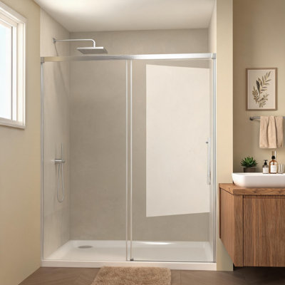 Porte de douche coulissante simple en verre trempé transparent sans cadre, finition nickel brossé, 152 cm x 183 cm, avec poignée en acier inoxydable