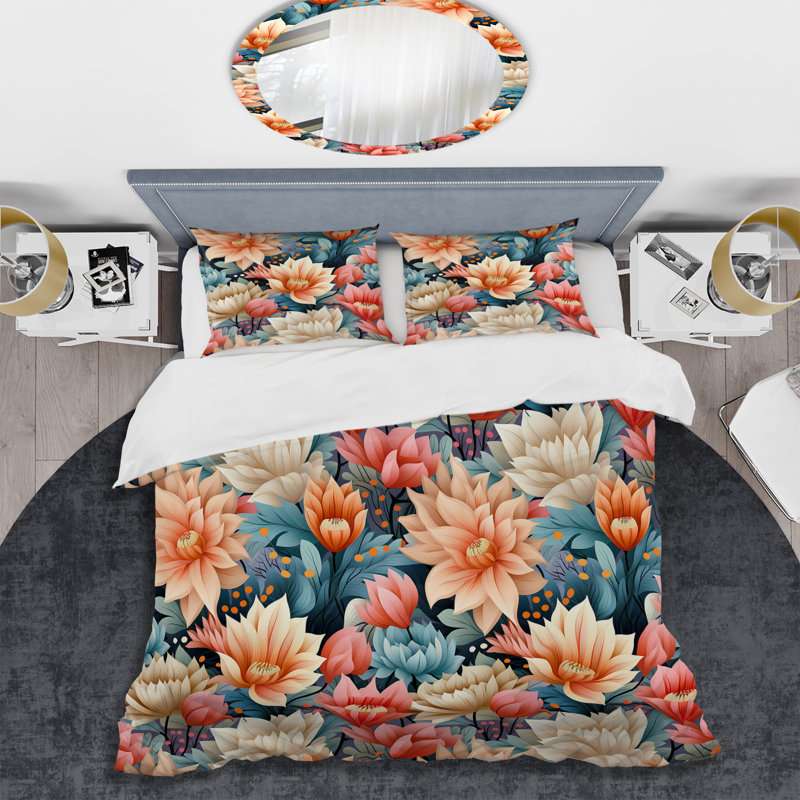 Ensemble de housse de couette Pastel Flower Retro Revival Collage I, Housse de couette pour grand lit et 2 taies décor