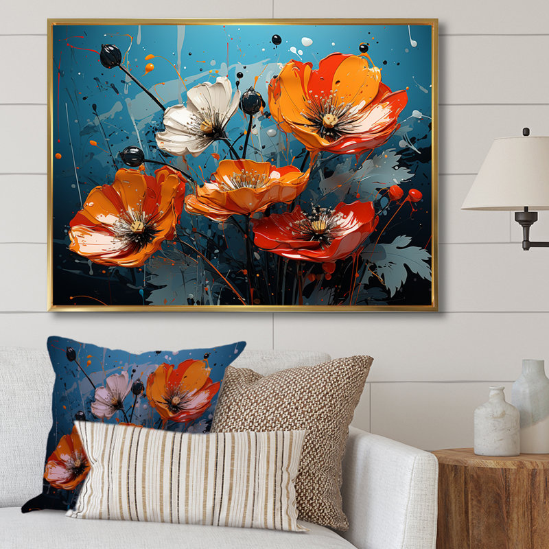 Bouquet de coquelicots orange et bleu I - coquelicots, art mural, Cadre flottant doré, H 34 po x l 44 po x P 1,5 po