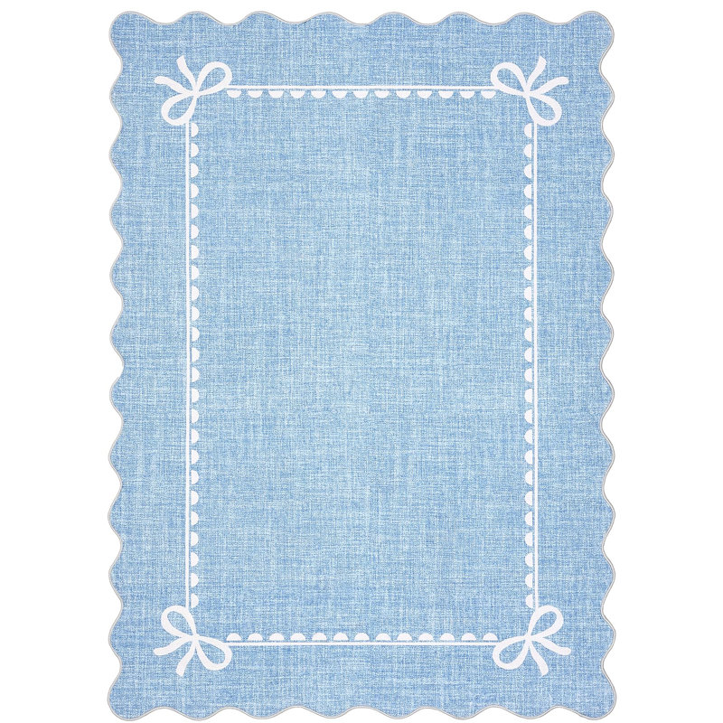  Scalloped Bow Rug for Living Room, Solid Blue Rug for Dorm, Washable Rugs 8x10 Soft Low Pile Non Slip Scalloped Rugs for Nursery College Bedroom Decor Kids Room Playroom Blue