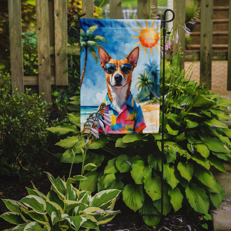 Bouvier bernois avec drapeau de jardin, Basenji