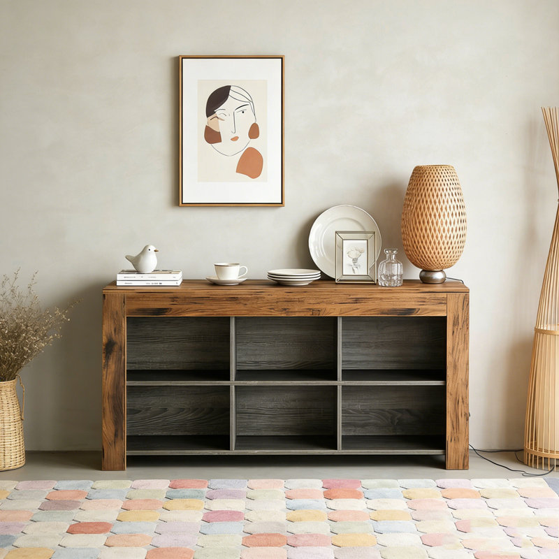 Wood Sofa Table, Rustic Console Table Entryway Table with 6 Storage Cubes