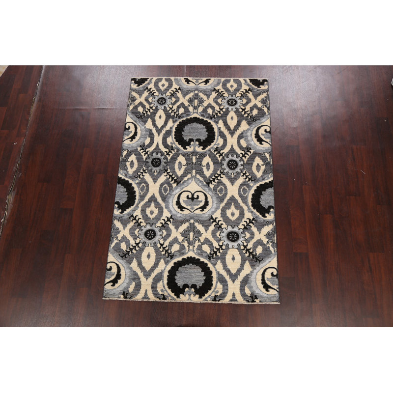 Tapis gris / noir / ivoire noué à la main de conception unique 4 pi 6 po x 7 pi New Age